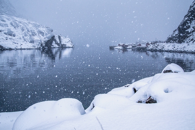 Snowfall on Nusfjord Norway